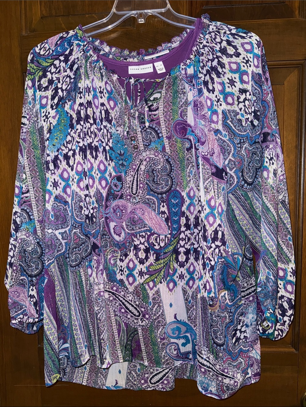 Susan Graver Printed Sheer Chiffon Peasant Top and Knit Tank Set size XL purple